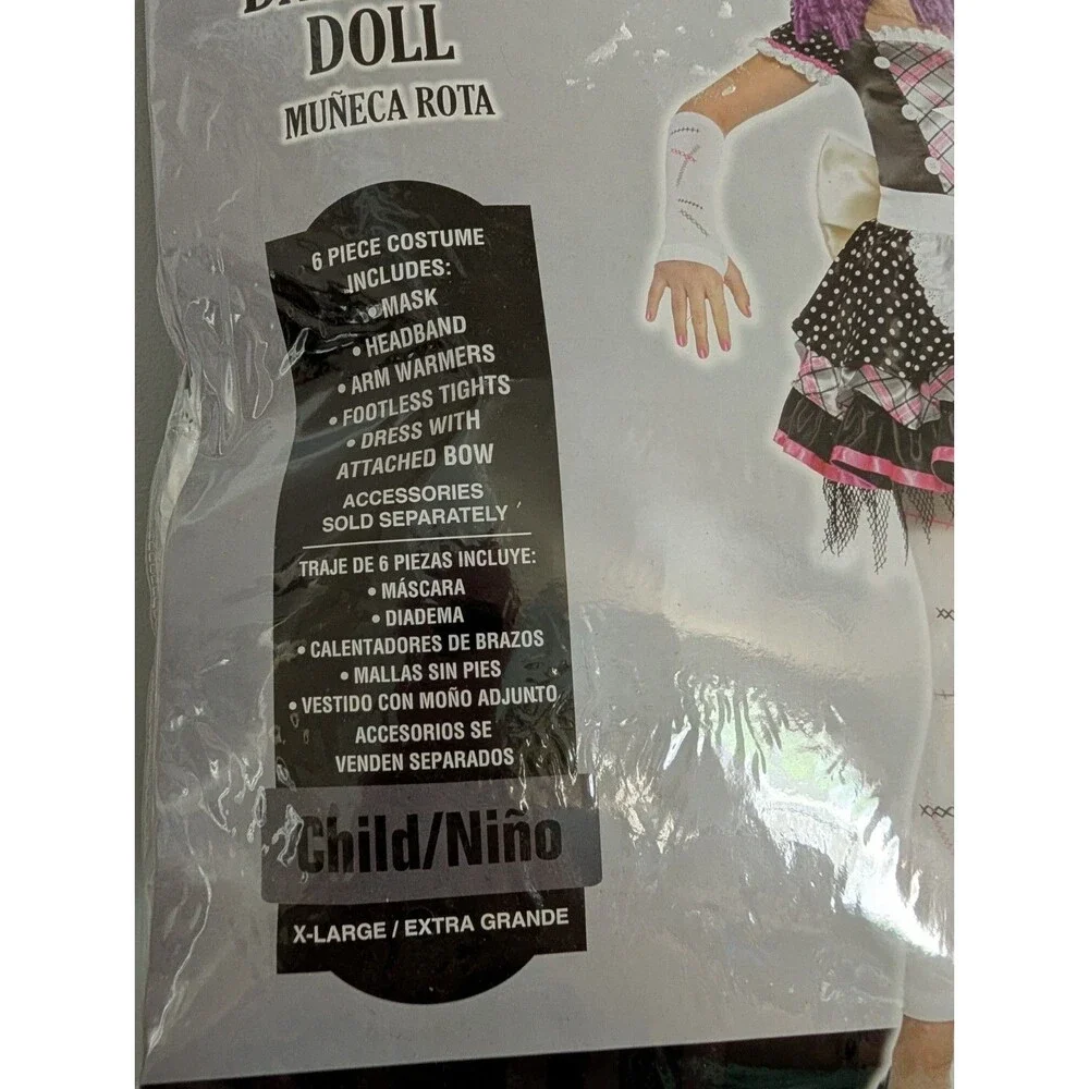 ​Damaged Doll Child Costume XL Extra Large 6 Piece Creepy Gothic Halloween Girls